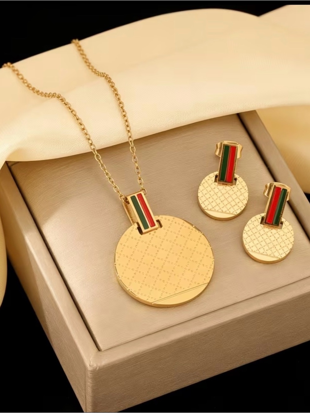 Gold-Tone Round Pendant Necklace & Earrings Set with Green-Red Stripe